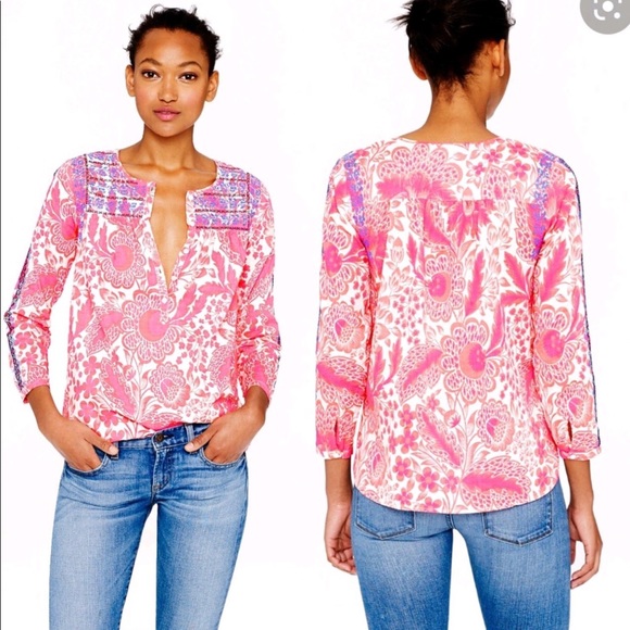 J. Crew Tops - J Crew pink blue embroidered long sleeve tunic top
